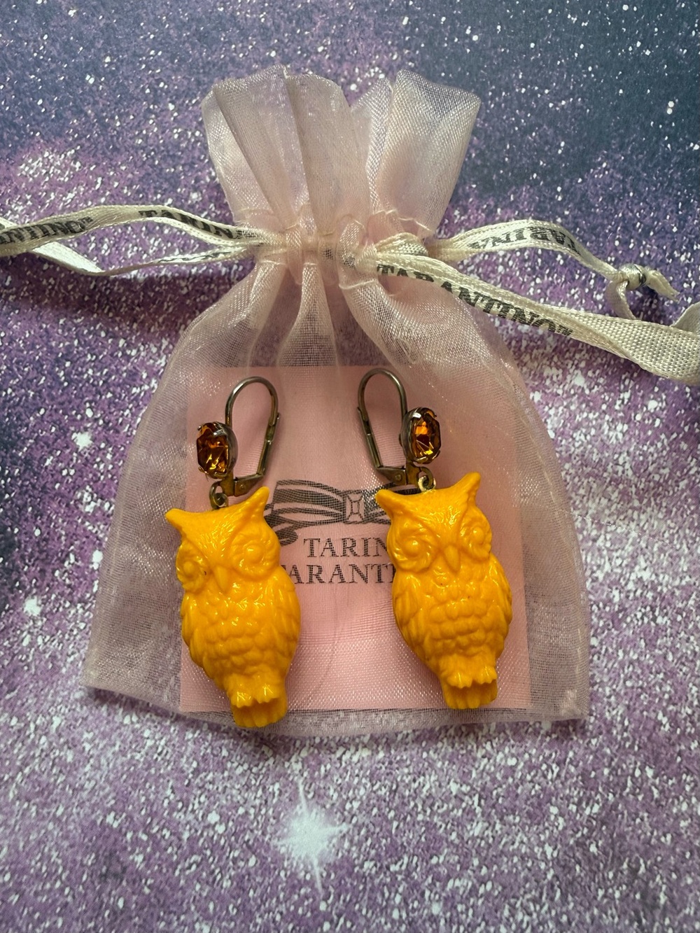 Rare Tarina Tarantino Vintage Owl Yellow Lucite Topaz Crystal Leverback Earrings